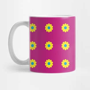 Yellow daisies with Vibrant Blue centres on a Cerise background Mug